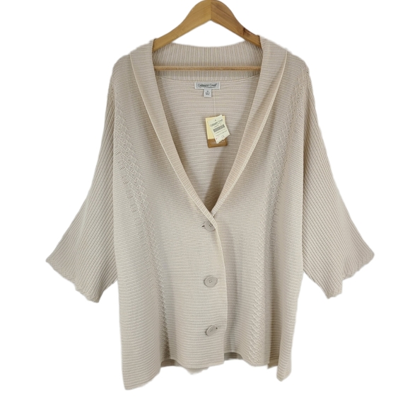 Coldwater Creek Sweaters - COLDWATER CREEK Ribbed Cardigan Button Front Dolman 3/4 Sleeve Cream NEW | 1X